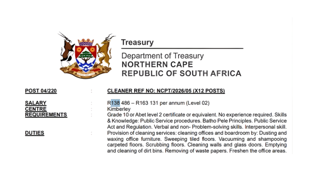 Cleaner Vacancies (X12 Posts) – Department of Provincial Treasury