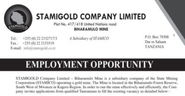 STAMIGOLD Company Ltd (Biharamulo Mine) Vacancies 2026