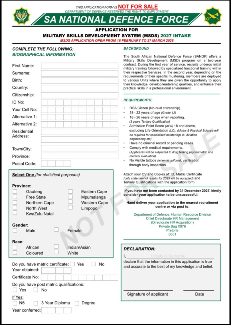 2026 Military Skills Development System (MSDS) Application Form – 2027 Intake Now Open