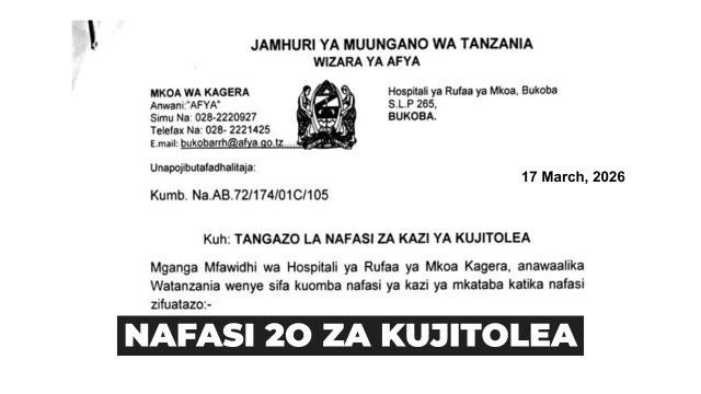 Bukoba Regional Referral Hospital Contract Volunteer March 2026