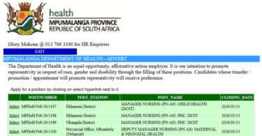 Mpumalanga Department of Health Multiple Vacancies March 2026