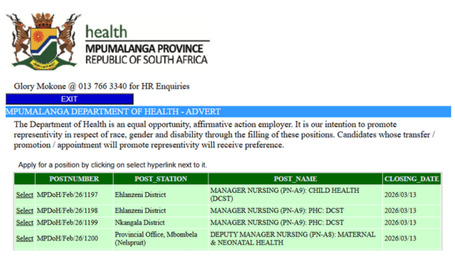 Mpumalanga Department of Health Multiple Vacancies March 2026