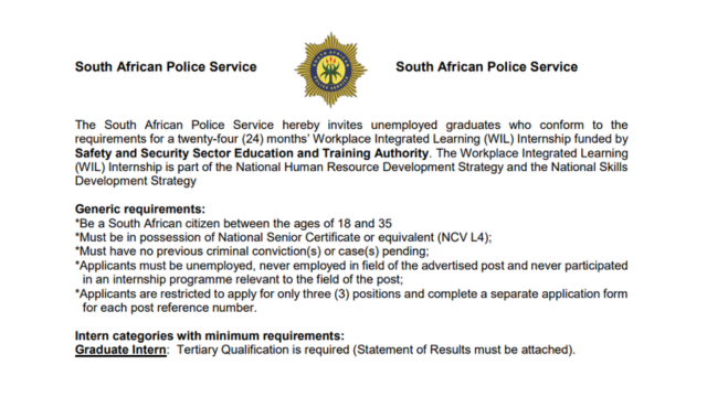 SAPS Graduate Internship Programme 2025/2026