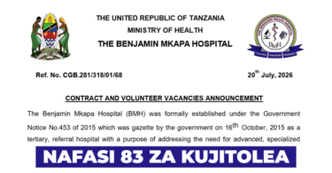 Benjamin Mkapa Hospital (BMH) x83 Volunteer Vacancies 2026