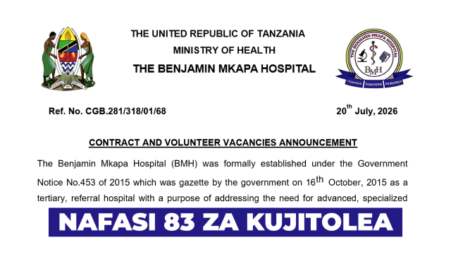 Benjamin Mkapa Hospital (BMH) x83 Volunteer Vacancies 2026