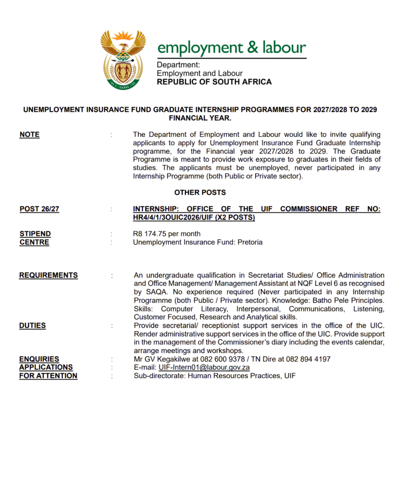 Department of Employment and Labour UIF Graduate Internship Programme 20272028