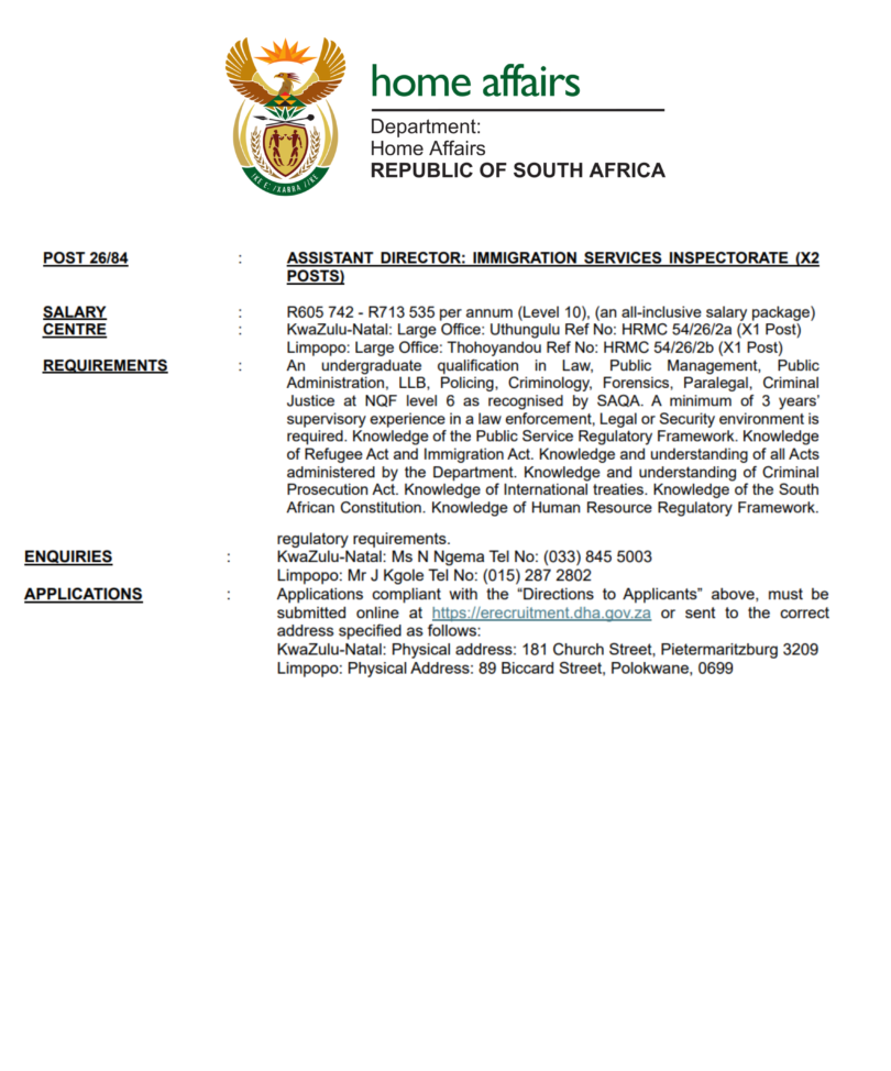 Department of Home Affairs Assistant Director Immigration Services Inspectorate Vacancies 2026 (X2 Posts)