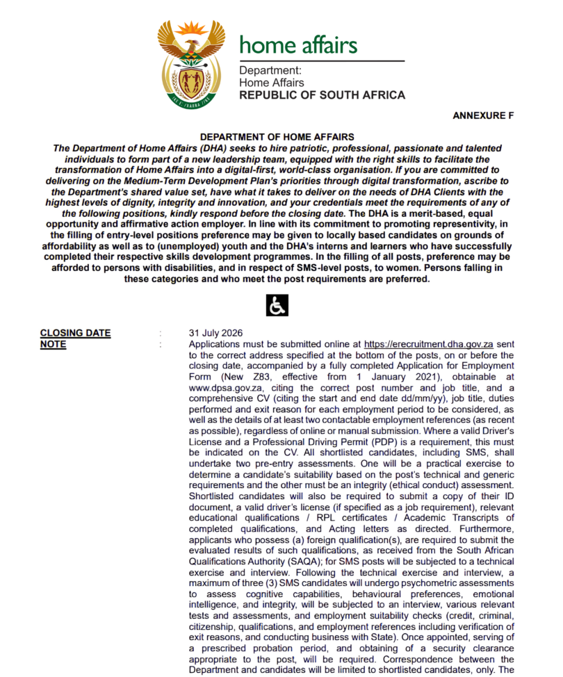 Department of Home Affairs (DHA) x9 Vacancies July 2026