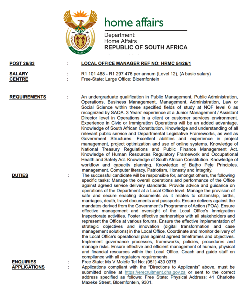 Department of Home Affairs Local Office Manager Vacancy 2026