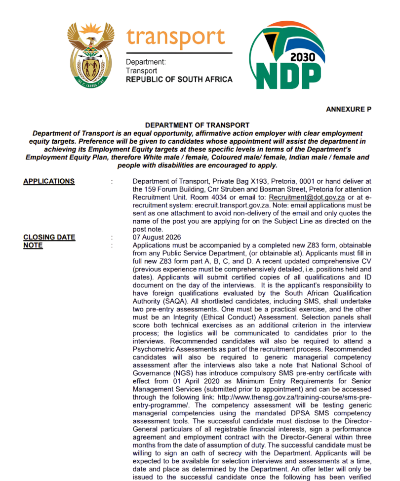 Department of Transport South Africa Vacancies July 2026
