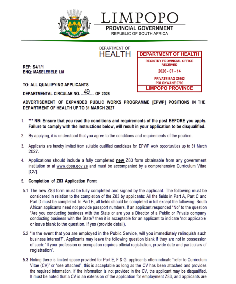 Limpopo Department of Health EPWP Vacancies 2026 2,040 Posts for ABET and Grade 12 Applicants (1)