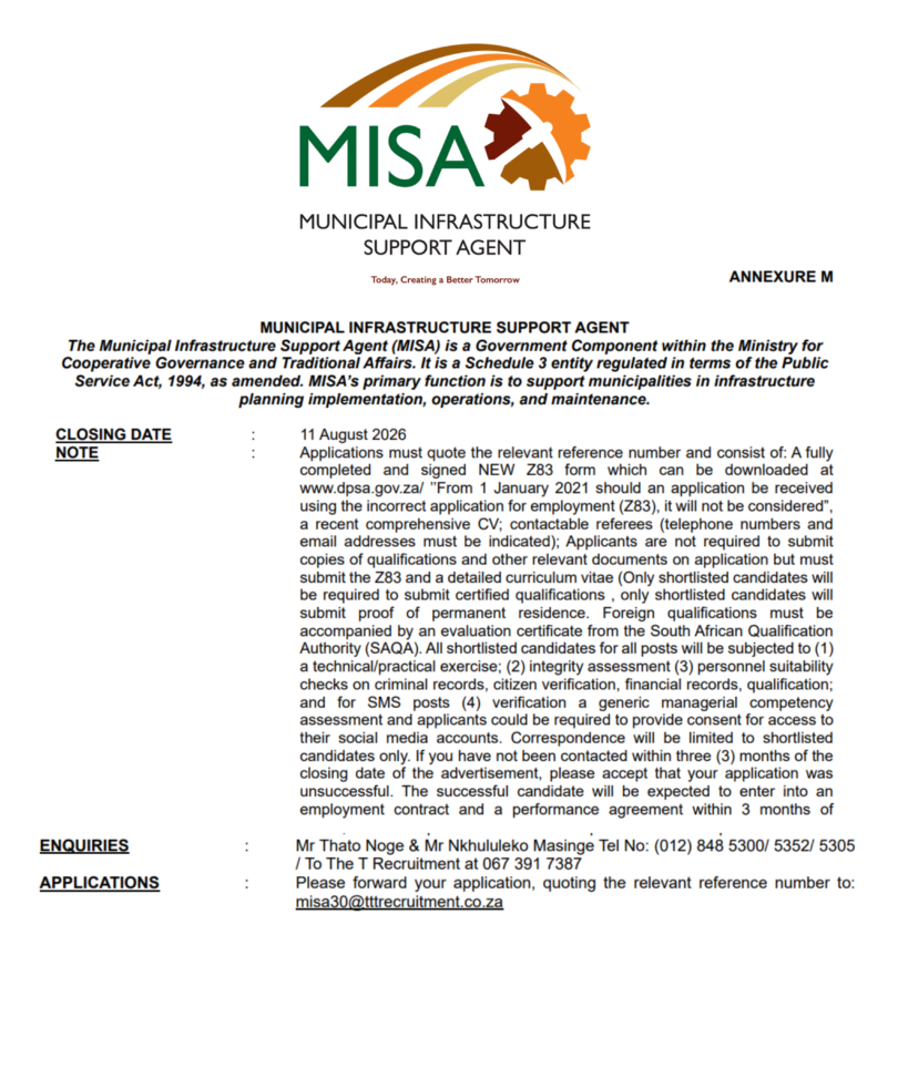 Municipal Infrastructure Support Agent (MISA) Vacancies 2026