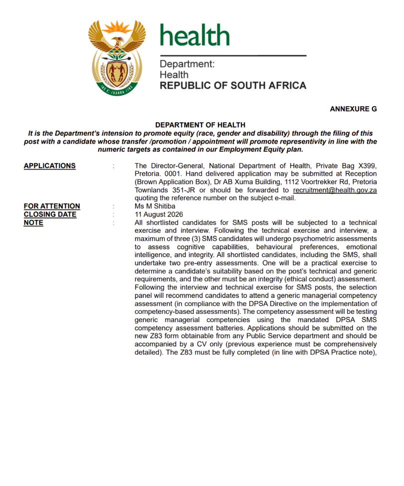 National Department of Health (NDOH) Vacancies 2026