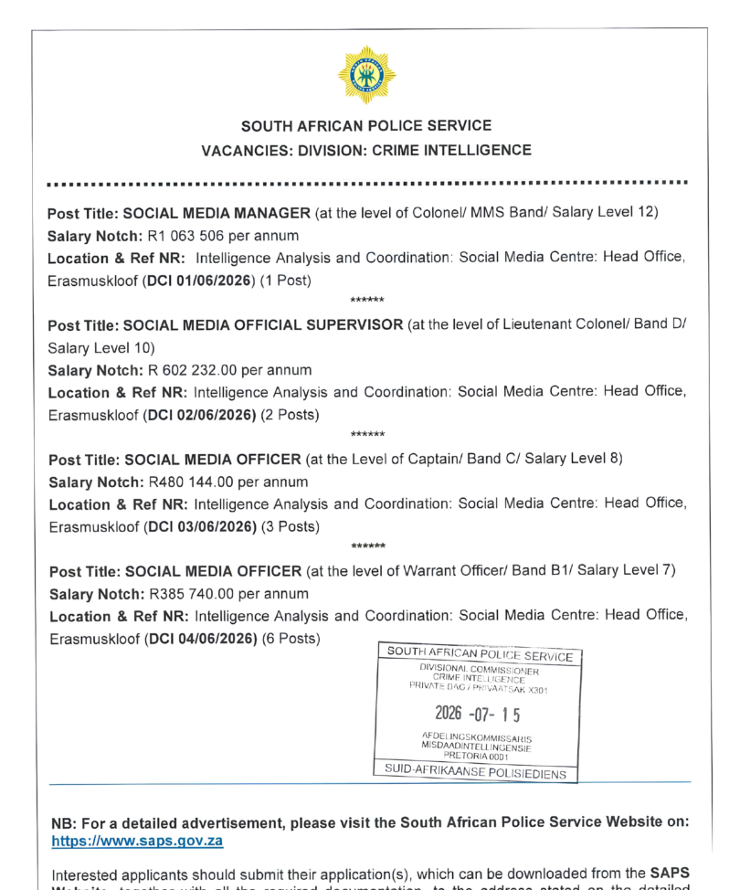 SAPS Human Resource Development Vacancies 2026: Social Workers, Nurse Supervisor and Hospital Pharmacist Posts Open