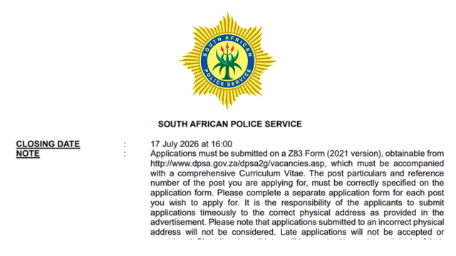 SAPS Job Vacancies July 2026