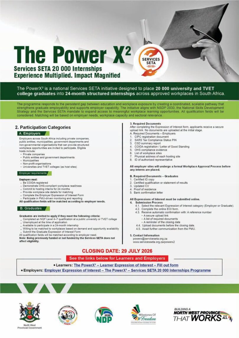 Services SETA PowerX² Internships 2026: 20 000 Opportunities for University and TVET Graduates