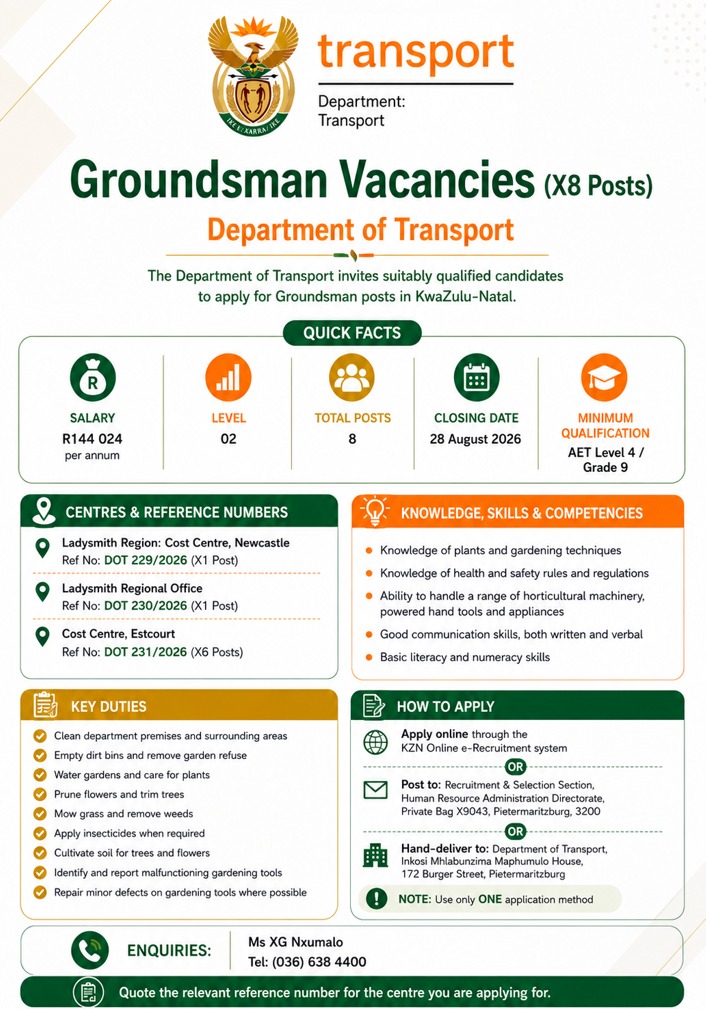 Department of Transport Groundsman x8 Vacancies in KZN