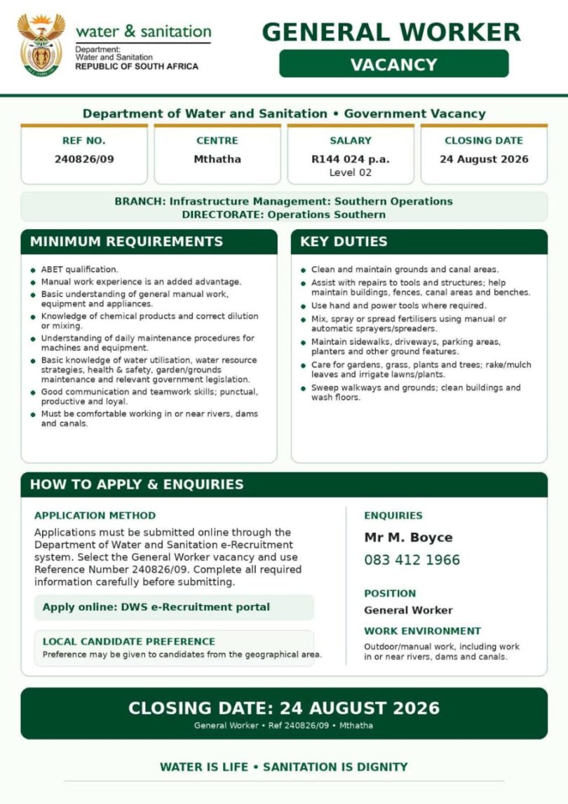 Department of Water and Sanitation General Worker Vacancy 2026 – ABET Qualification Required