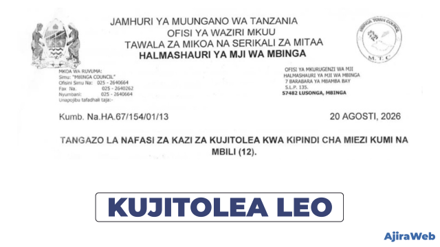 Mbinga Town Council Volunteers Vacancies 2026