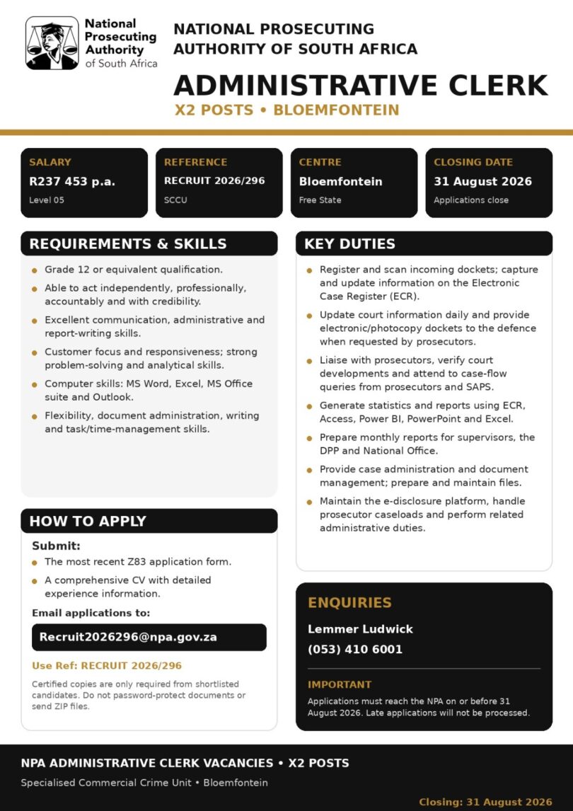 NPA Administrative Clerk Vacancies X2 in Bloemfontein 2026 – Grade 12 Required