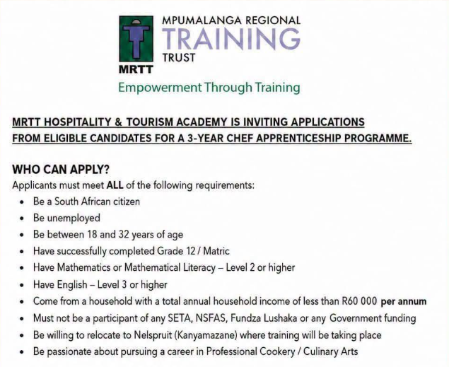 MRTT Hospitality & Tourism Academy 3-Year Chef Apprenticeship Programme 2026