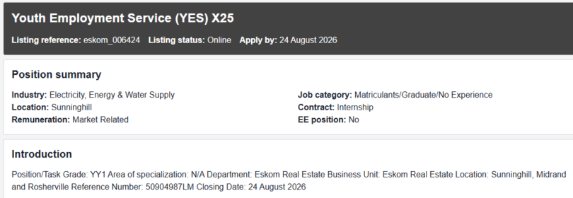 Eskom Youth Employment Service (YES) X25 Vacancies 2026