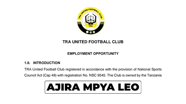 TRA United Football Club Vacancies August 2026