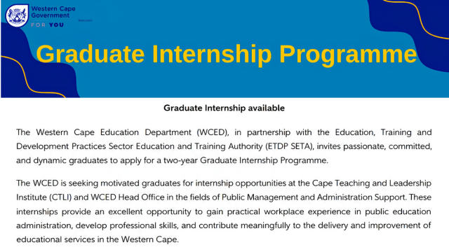 Western Cape Education Department (WCED) Graduate Internship Programme 2026