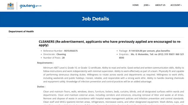 Department of Health Cleaner Vacancies x20 at Weskoppies Hospital: Grade 10 / ABET Level 4