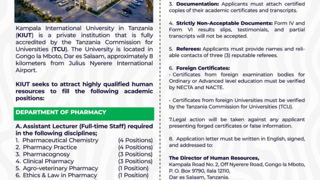 KIUT Assistant Lecturer Pharmacy Vacancies 2026: Multiple Positions Available