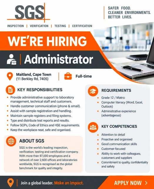 SGS Administrator Job 2026 – Cape Town