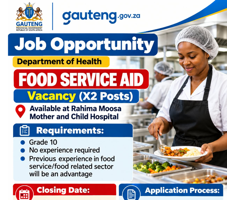 Department of Health Food Service Aid Vacancies 2026 – Rahima Moosa Mother and Child Hospital