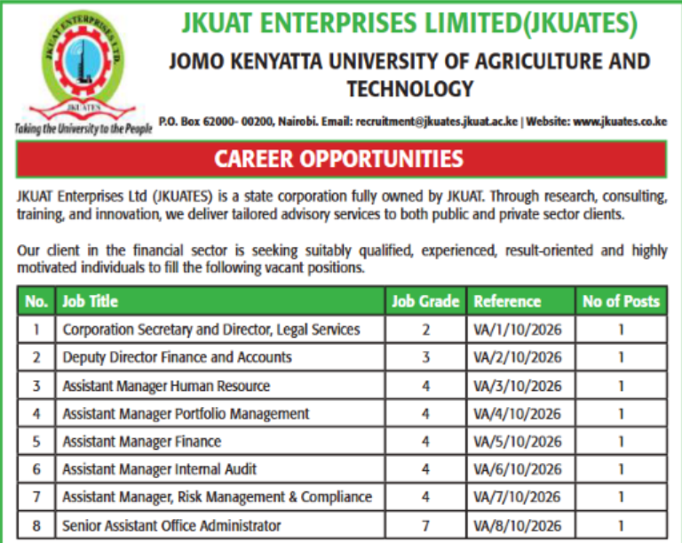 JKUAT Enterprises Limited Jobs 2026 – Apply for 8 Career Opportunities in Kenya