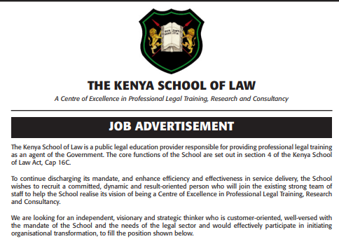 Kenya School of Law Jobs 2026 – Director/Chief Executive Officer Vacancy