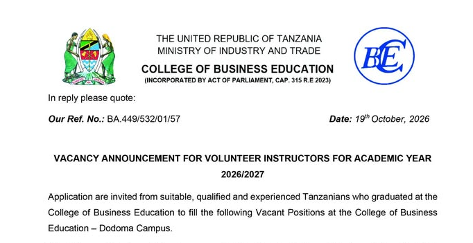 College of Business Education (CBE) Volunteer Instructor Vacancies 2026/2027