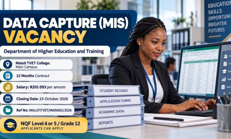 Department of Higher Education and Training Data Capture (MIS) Vacancy: Grade 12 Applicants Can Apply